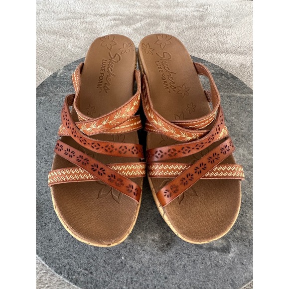 Skechers Beverlee Tiger Posse Womens Size 7 Brown Wedge Sandals Shoes - Picture 2 of 8